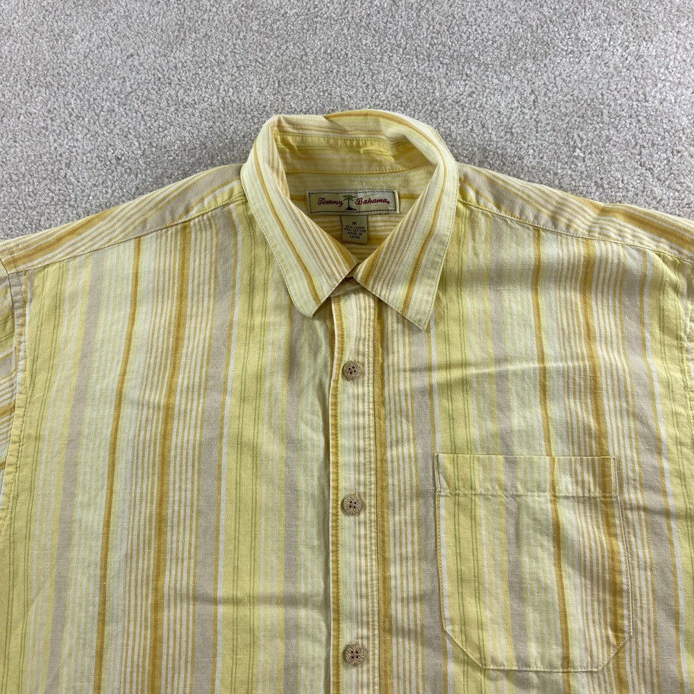 Tommy Bahama Button Down Shirt Mens M Yellow Striped Linen Blend Short Sleeve